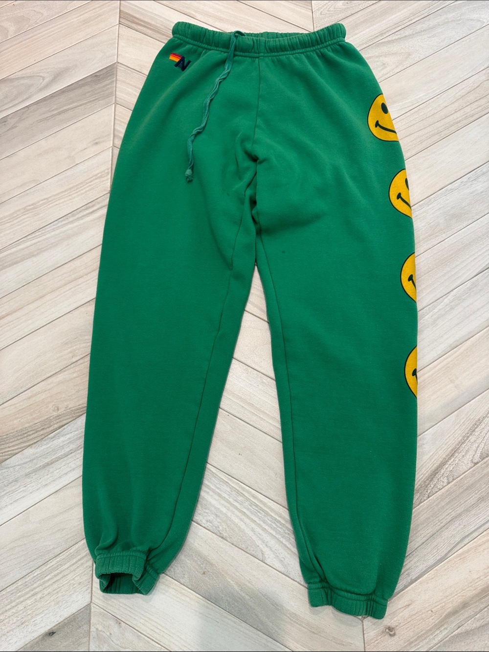 Aviator Nation Green Joggers with Yellow Smiley Stripe S - Picture 2 of 4